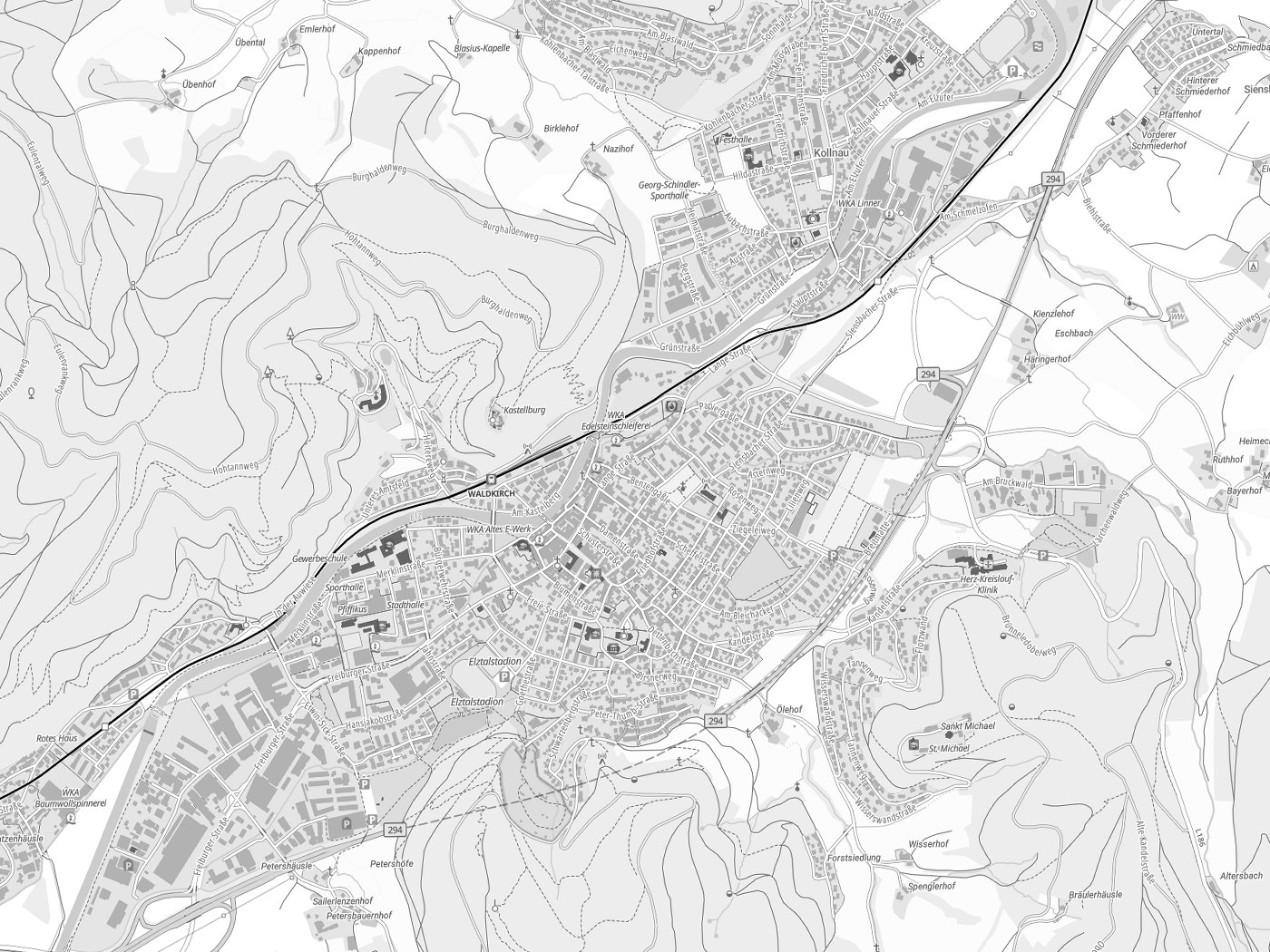 Kartenausschnitt Waldkirch mit Gewässern