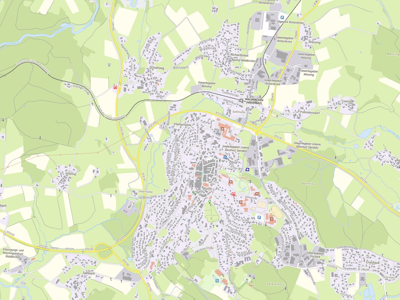 Kartenausschnitt Waldkirchen mit Gewässern
