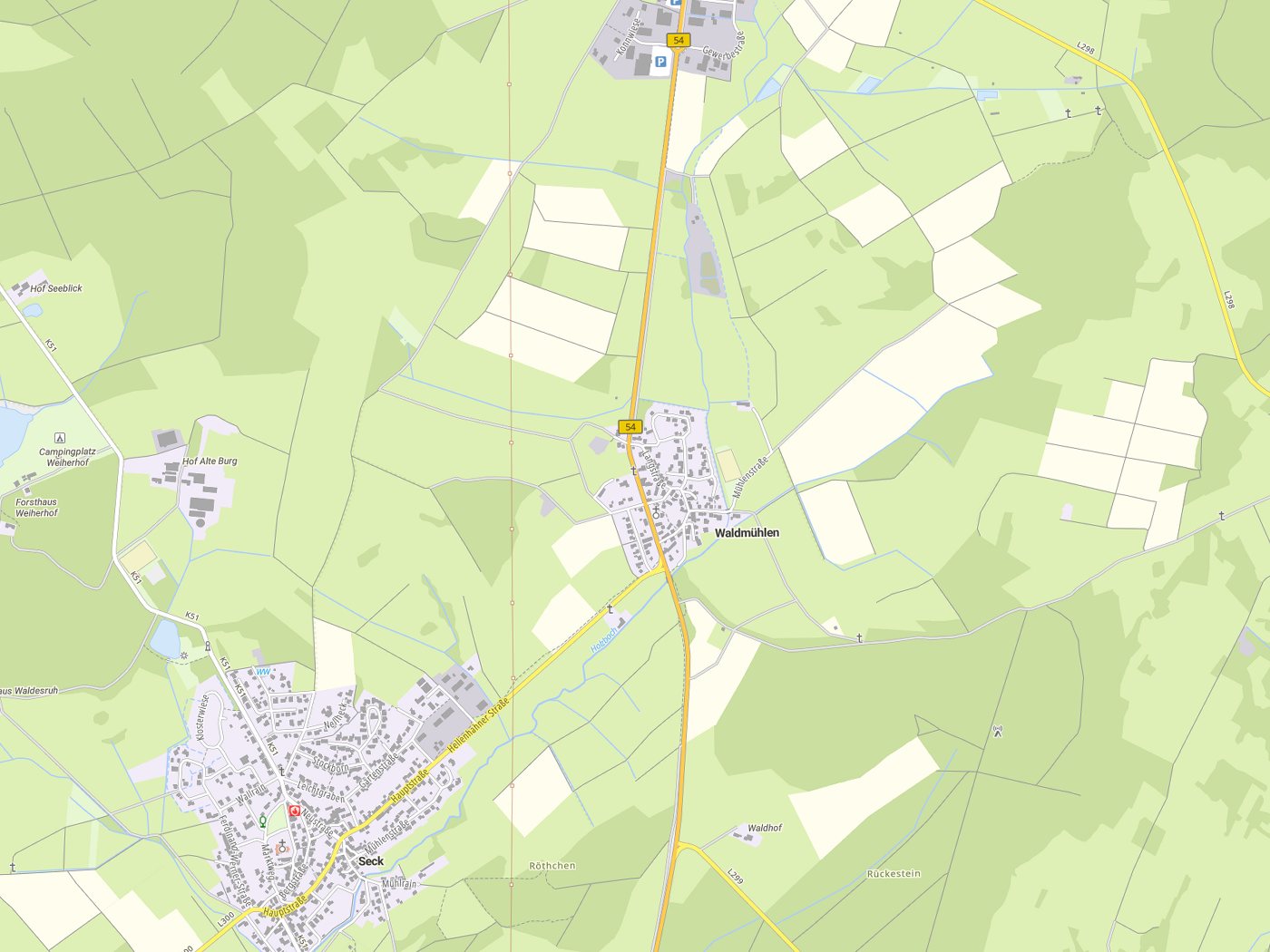 Kartenausschnitt Waldmühlen mit Gewässern