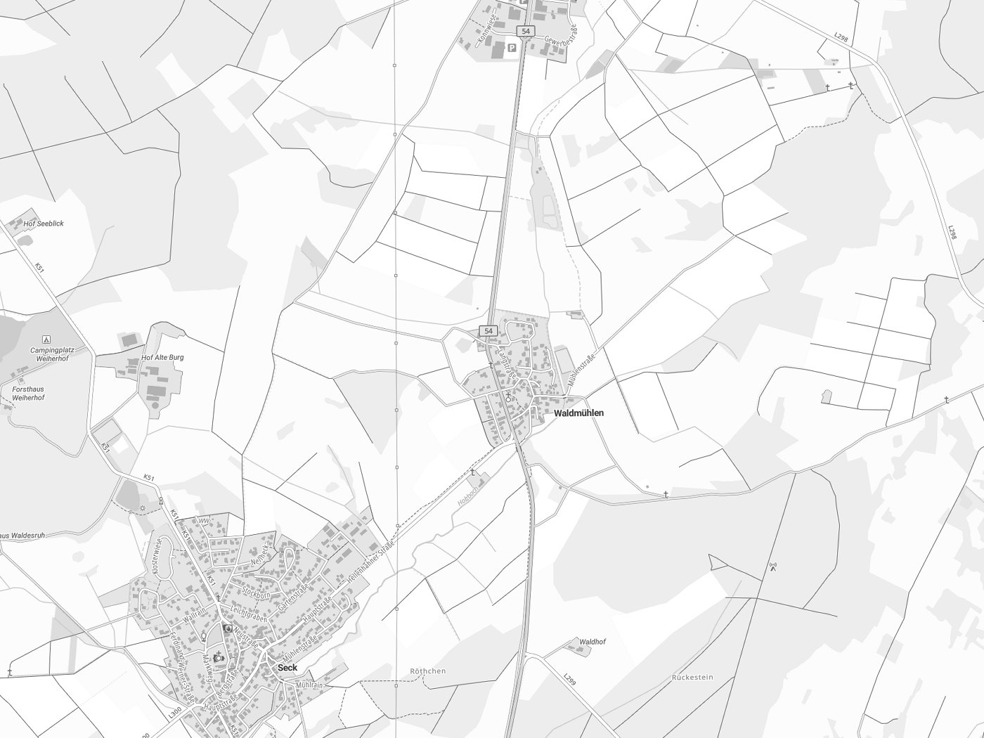 Kartenausschnitt Waldmühlen mit Gewässern