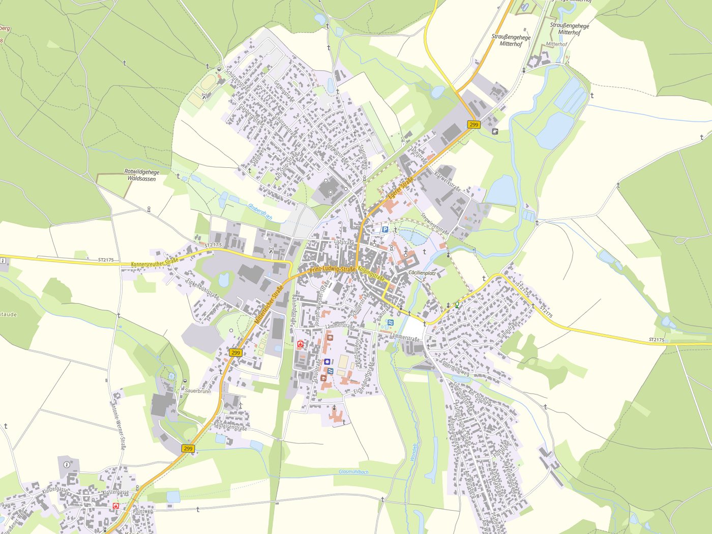 Kartenausschnitt Waldsassen mit Gewässern