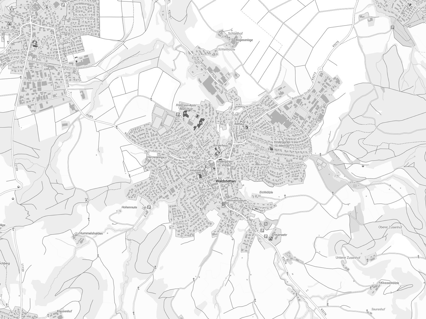 Kartenausschnitt Waldstetten mit Gewässern
