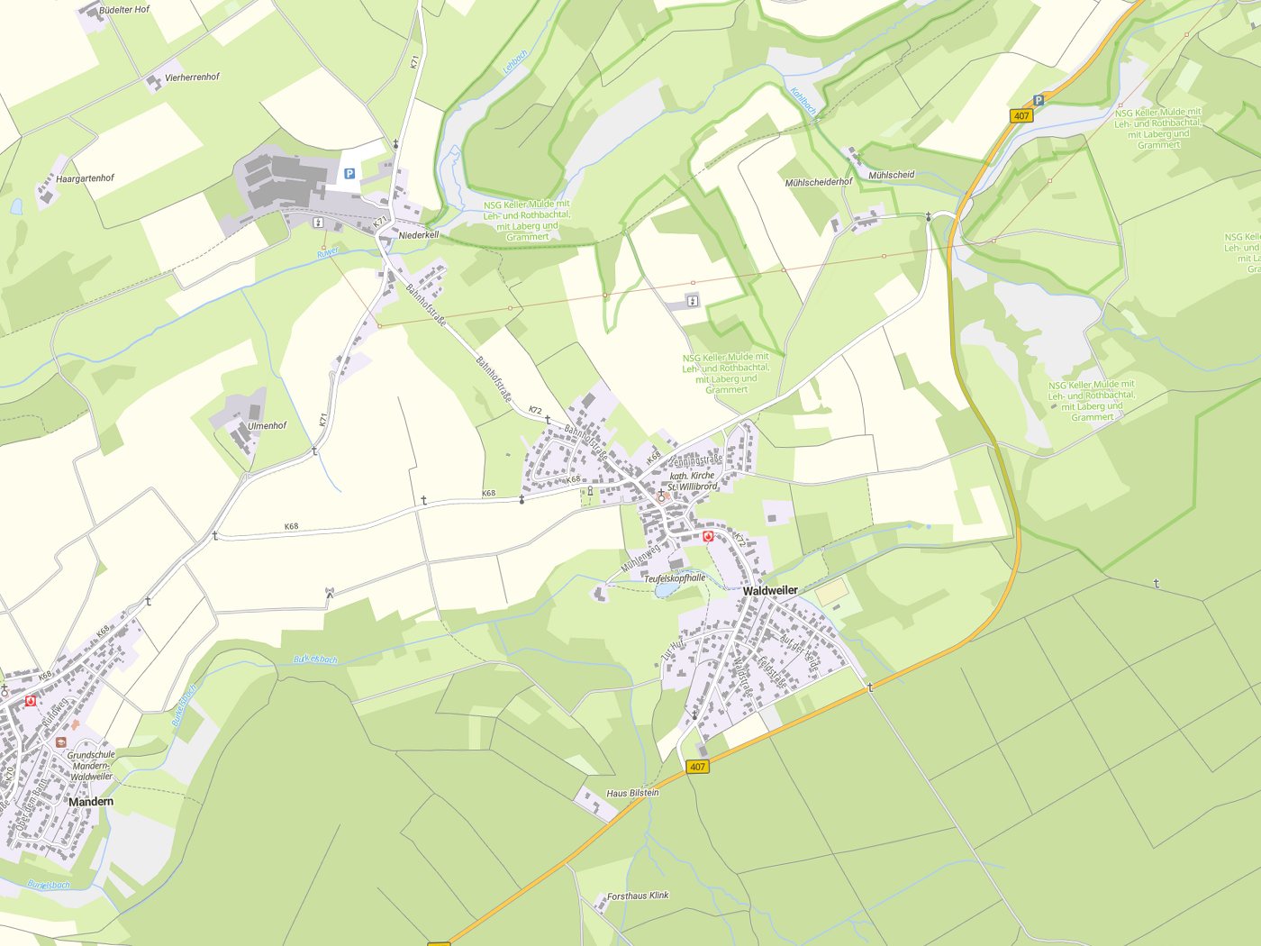 Kartenausschnitt Waldweiler mit Gewässern