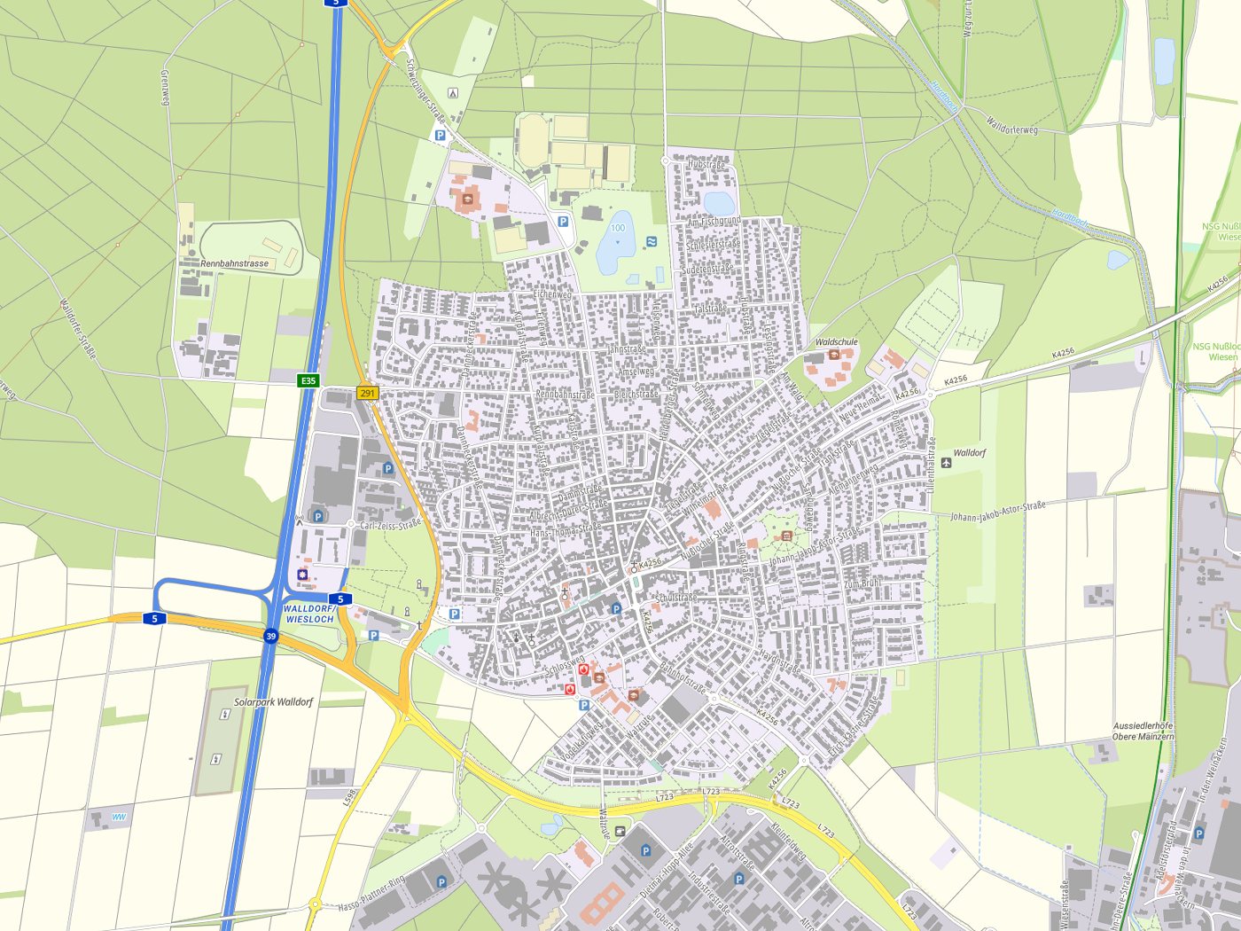 Kartenausschnitt Walldorf mit Gewässern