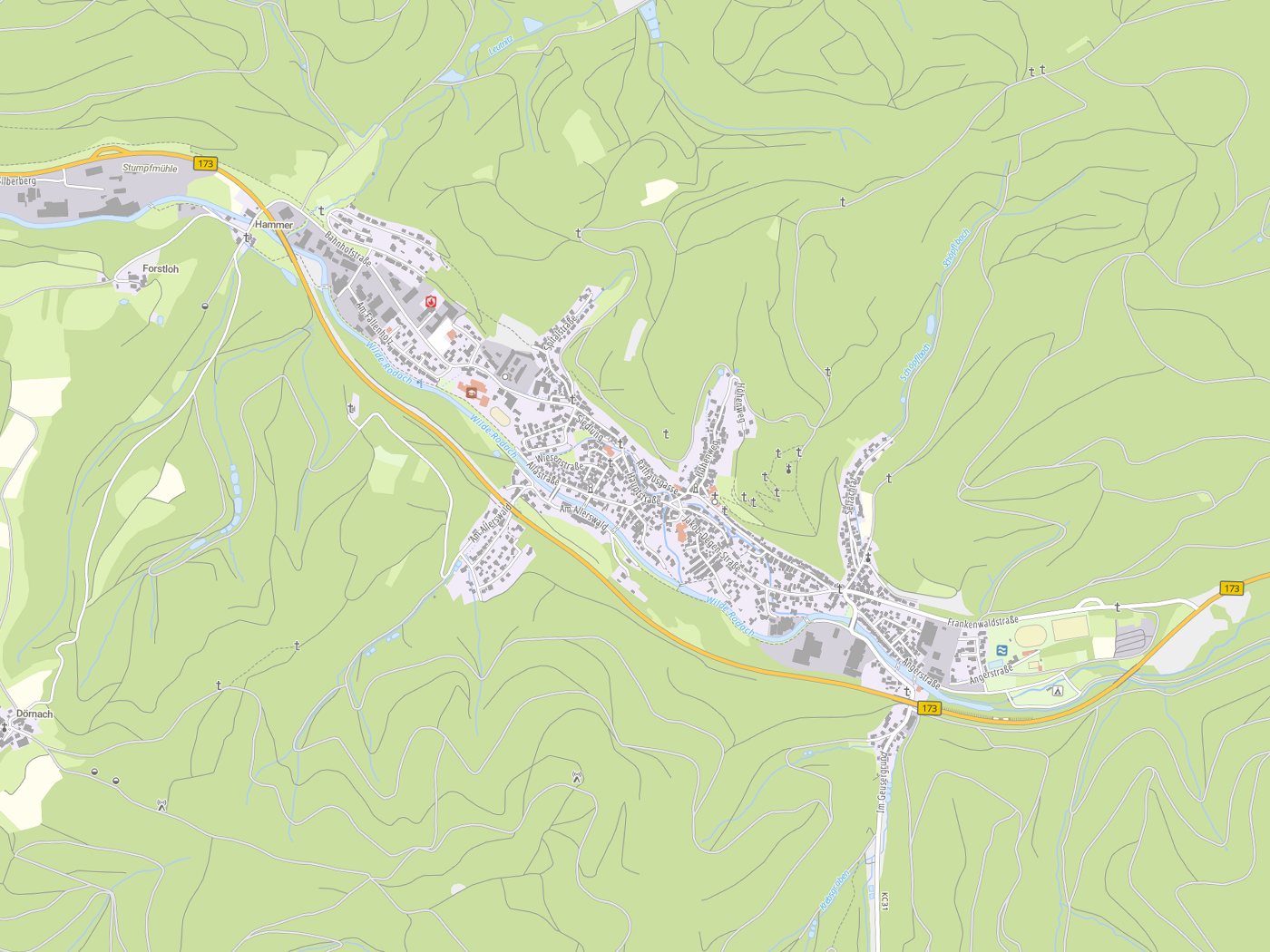 Kartenausschnitt Wallenfels mit Gewässern