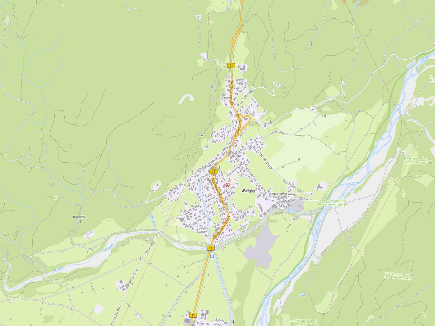 Kartenausschnitt Wallgau mit Gewässern