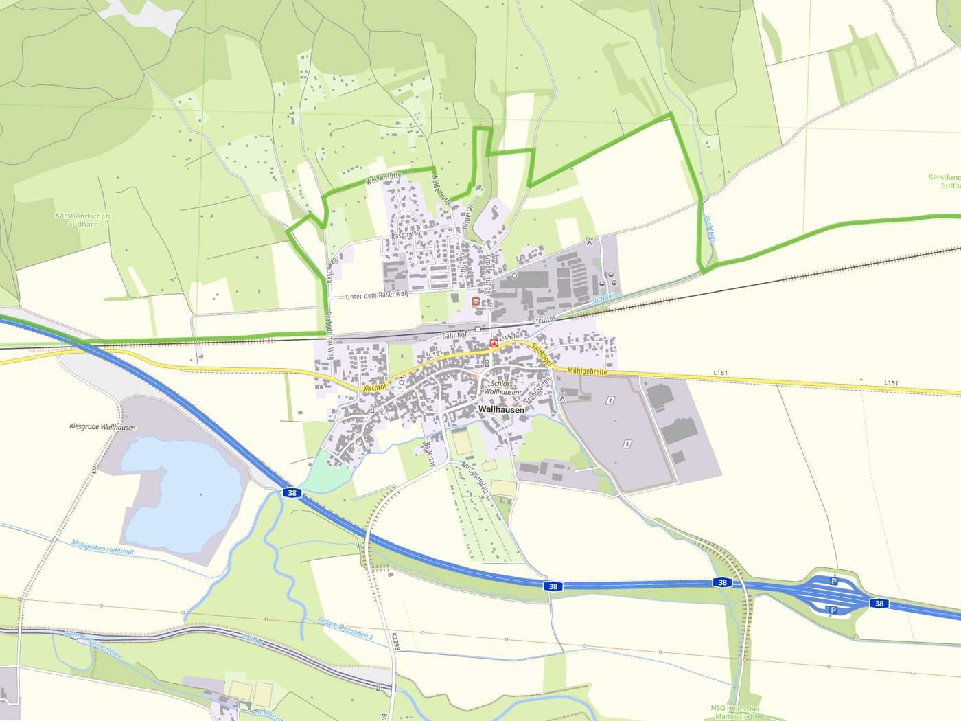 Kartenausschnitt Wallhausen mit Gewässern