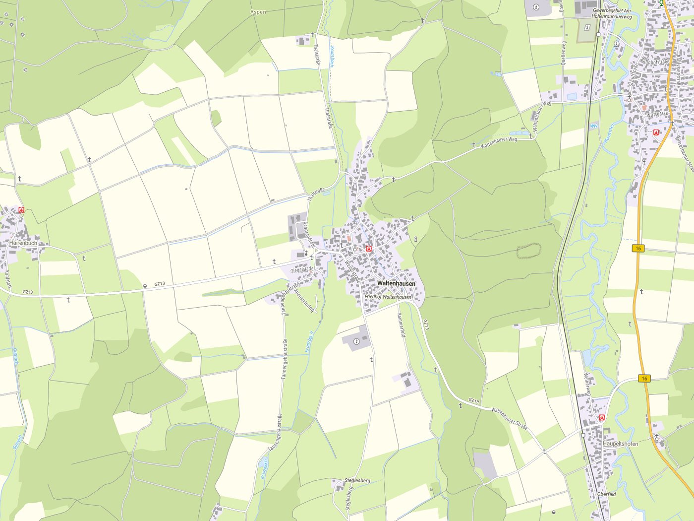 Kartenausschnitt Waltenhausen mit Gewässern