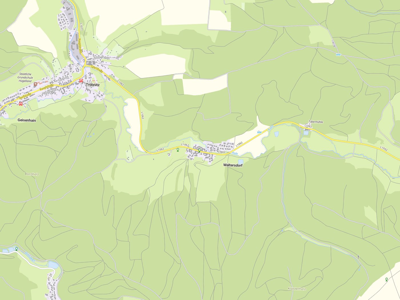 Kartenausschnitt Waltersdorf mit Gewässern