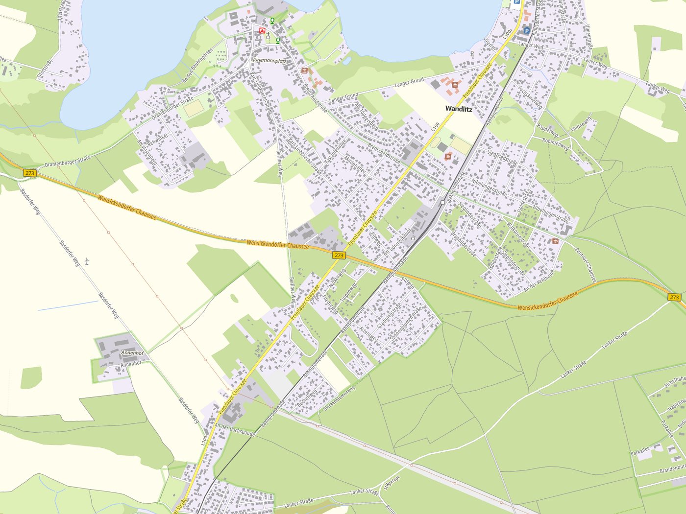 Kartenausschnitt Wandlitz mit Gewässern