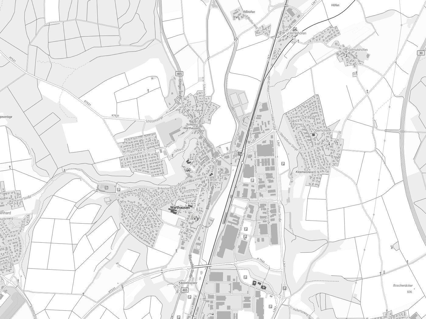 Kartenausschnitt Warthausen mit Gewässern