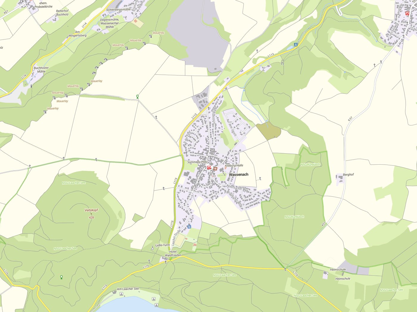 Kartenausschnitt Wassenach mit Gewässern