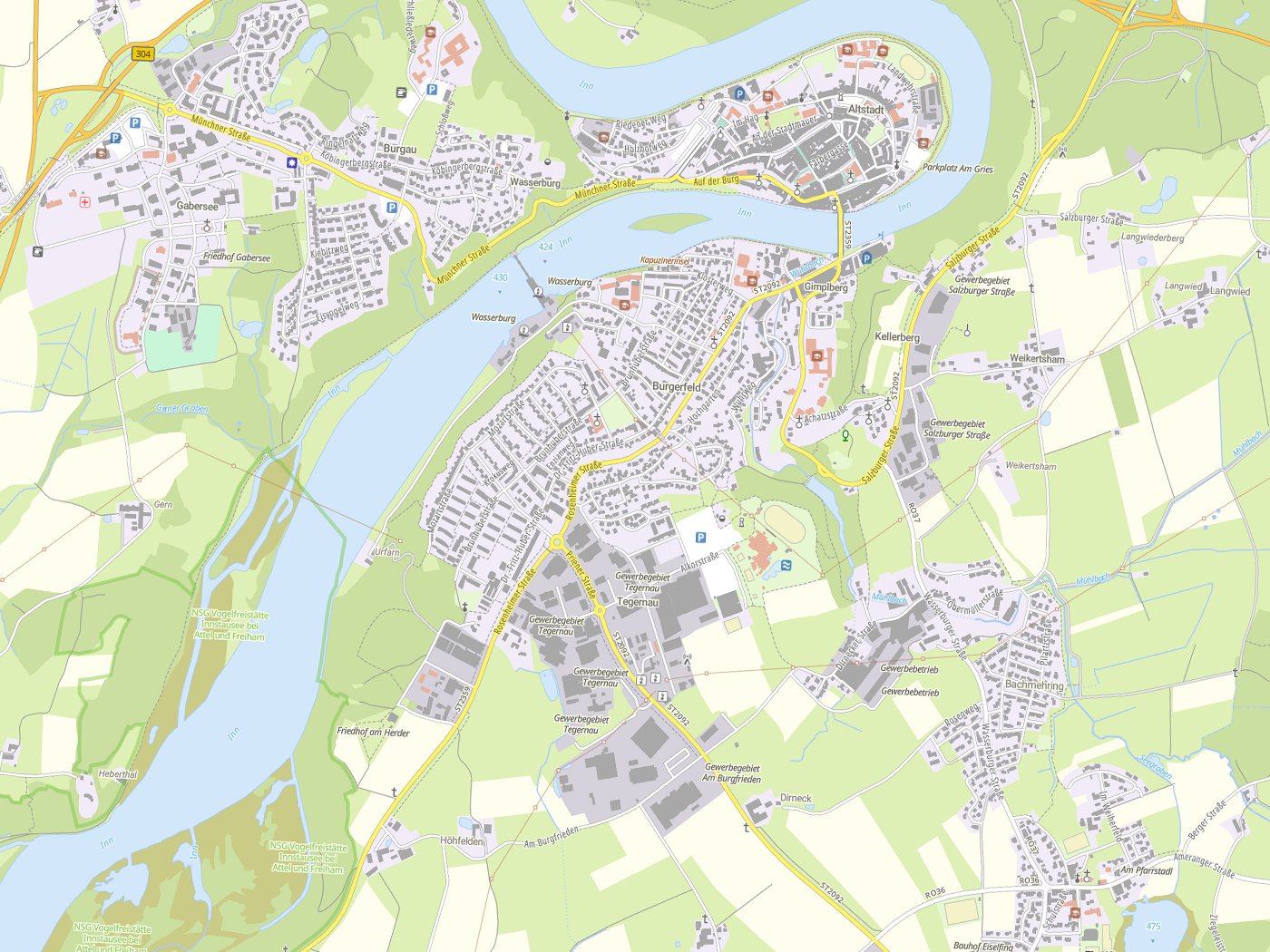 Kartenausschnitt Wasserburg am Inn mit Gewässern