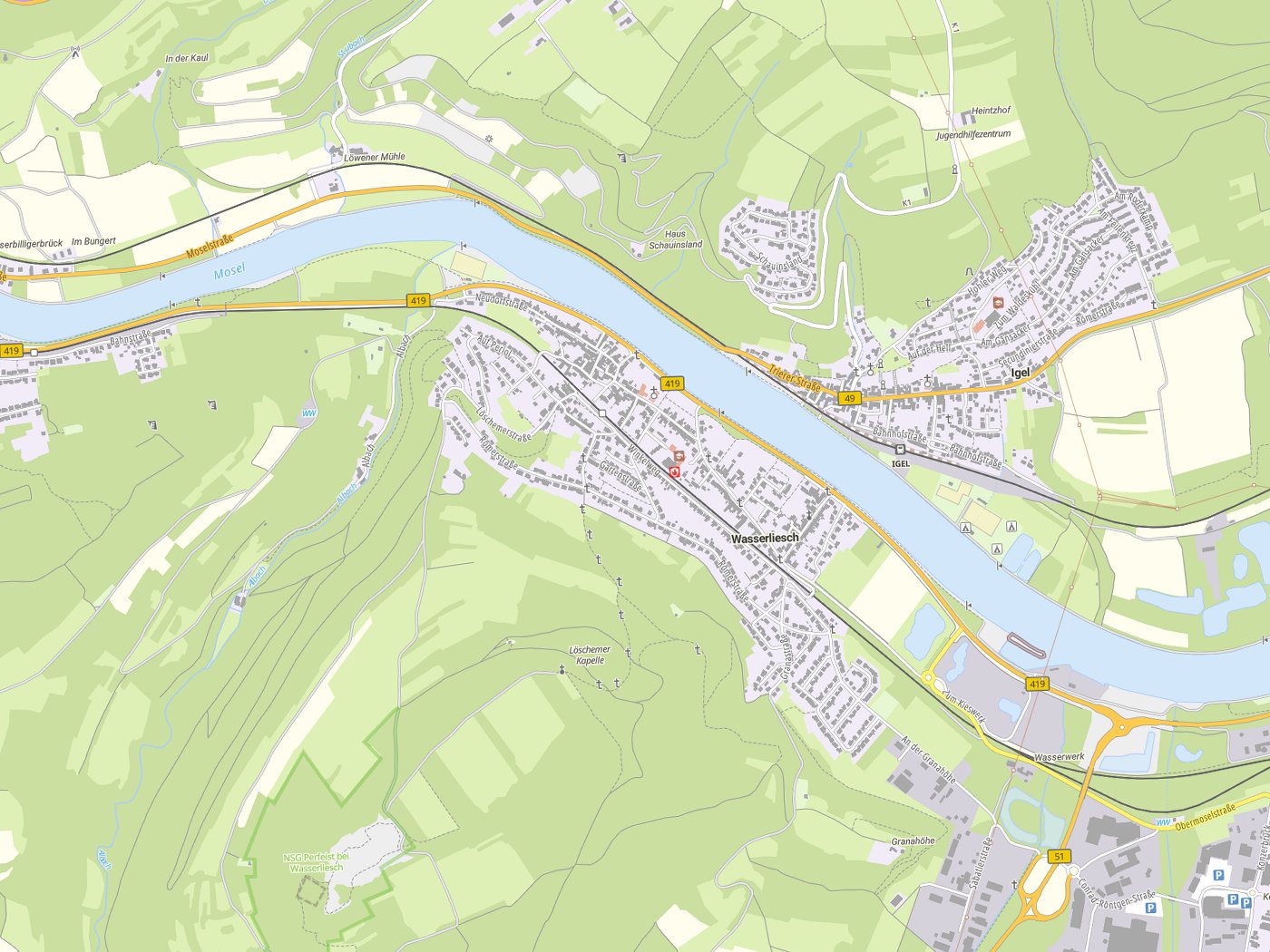 Kartenausschnitt Wasserliesch mit Gewässern