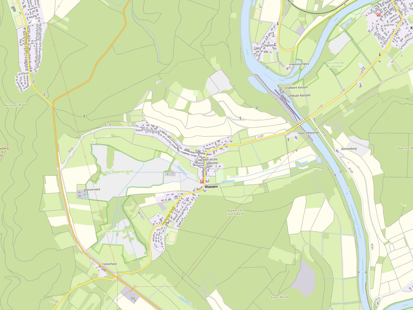 Kartenausschnitt Wawern mit Gewässern