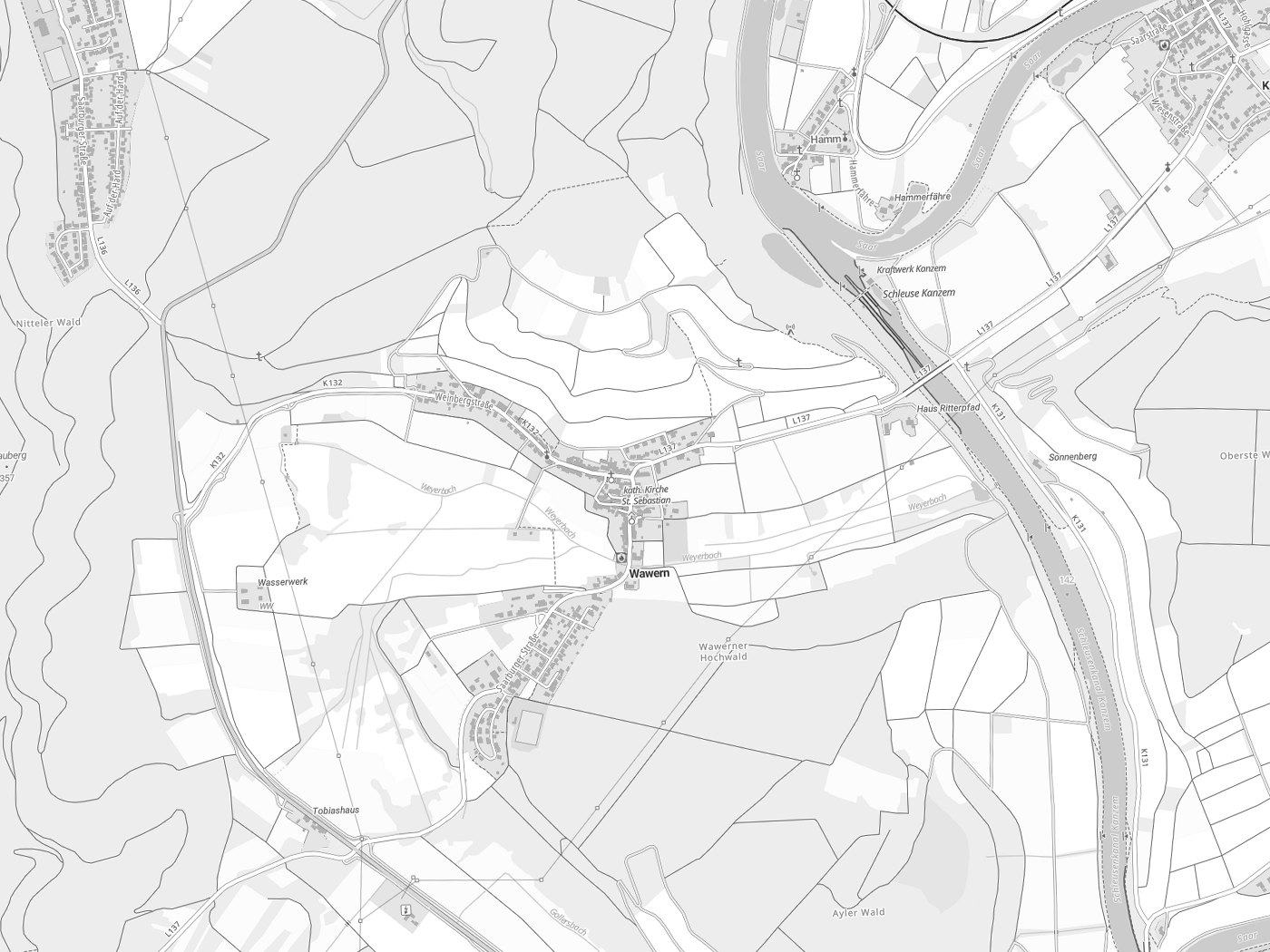 Kartenausschnitt Wawern mit Gewässern
