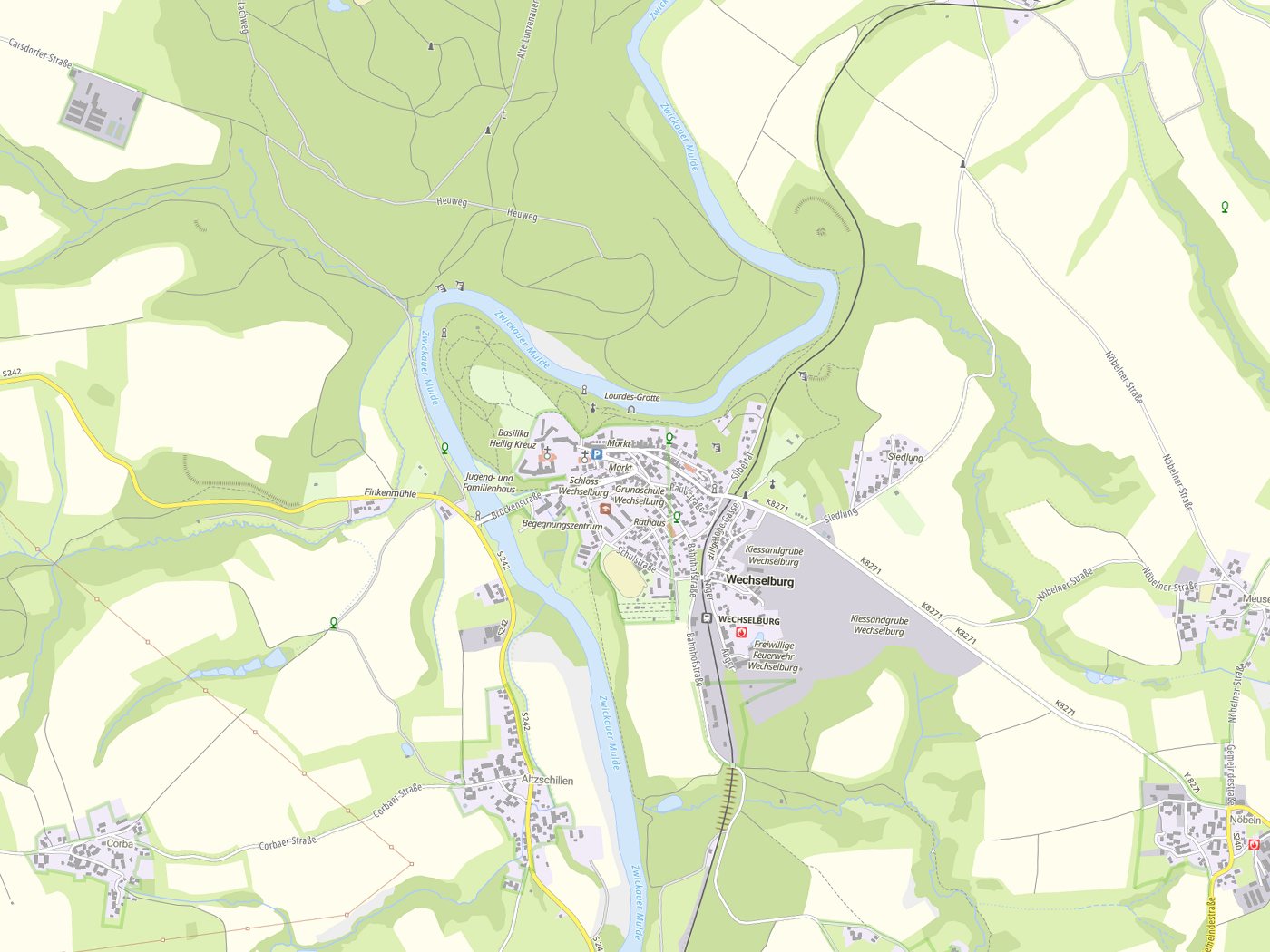 Kartenausschnitt Wechselburg mit Gewässern