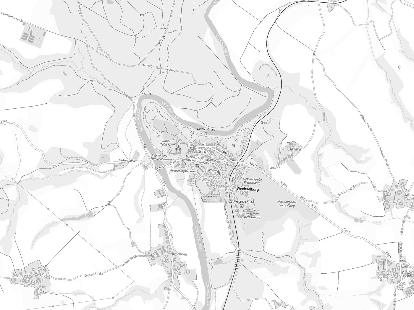 Kartenausschnitt Wechselburg mit Gewässern