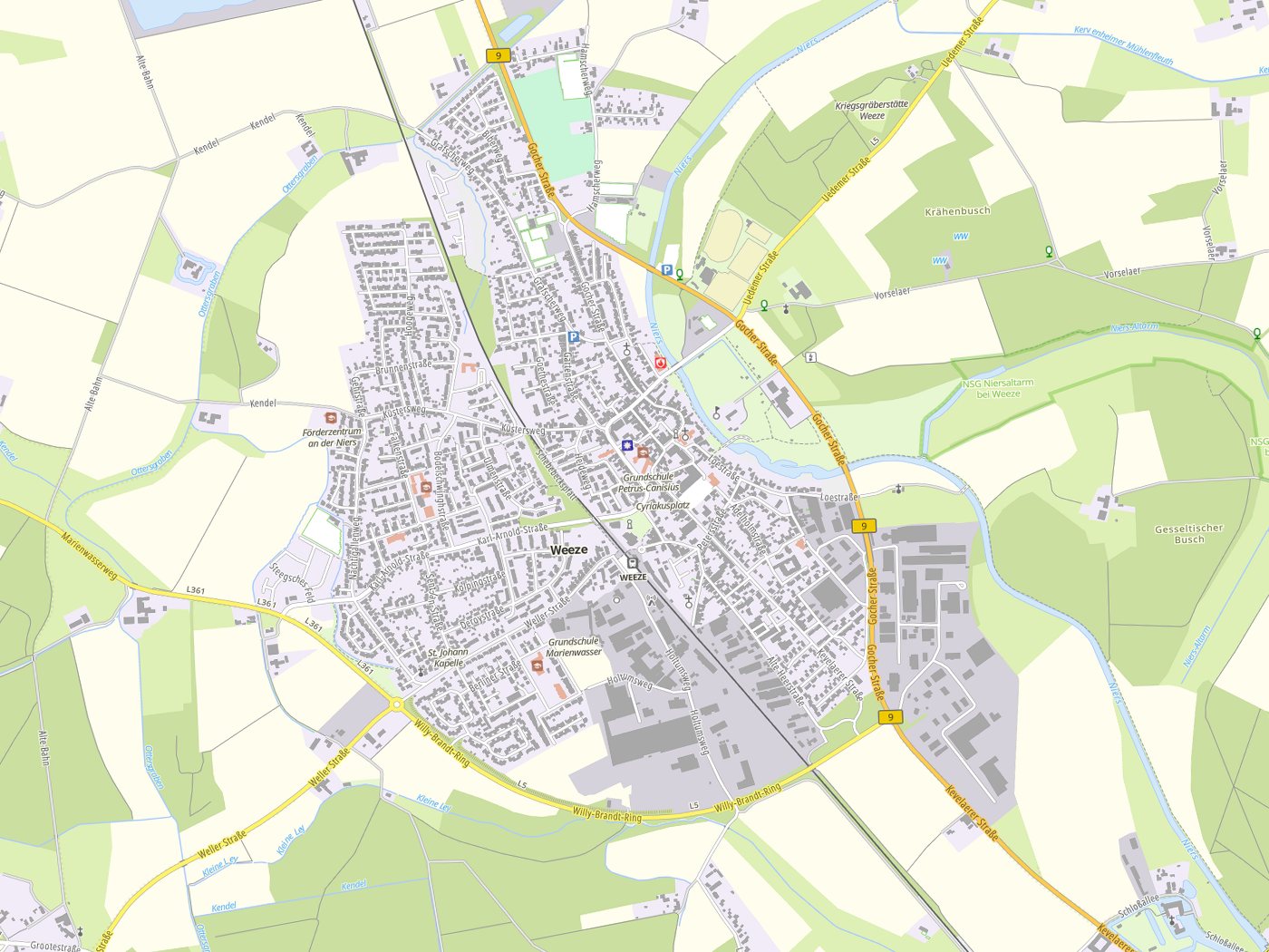 Kartenausschnitt Weeze mit Gewässern