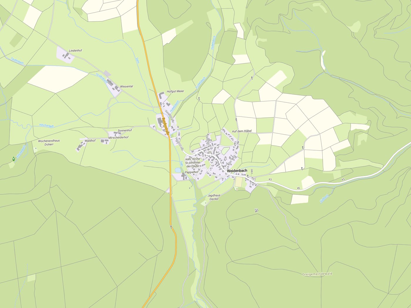 Kartenausschnitt Weidenbach mit Gewässern