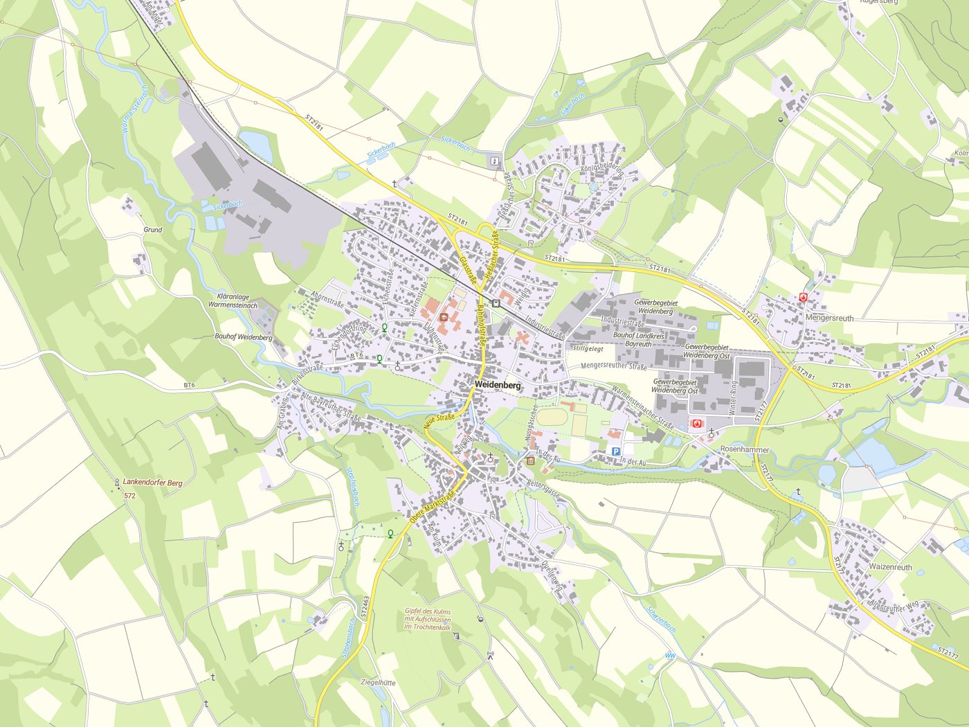 Kartenausschnitt Weidenberg mit Gewässern