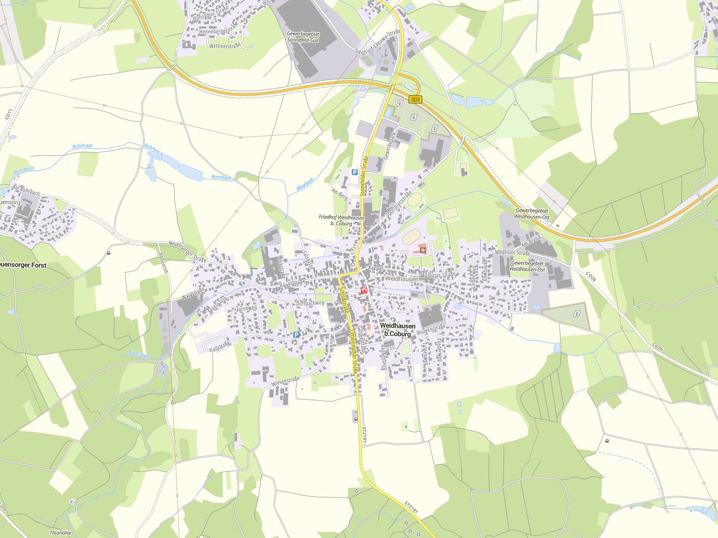 Kartenausschnitt Weidhausen b.Coburg mit Gewässern