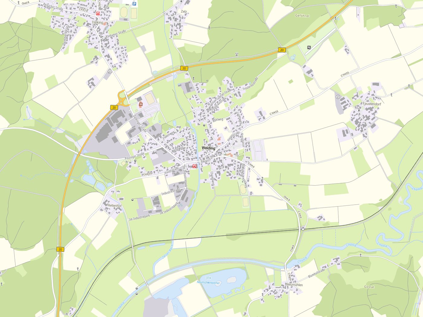 Kartenausschnitt Weiding mit Gewässern