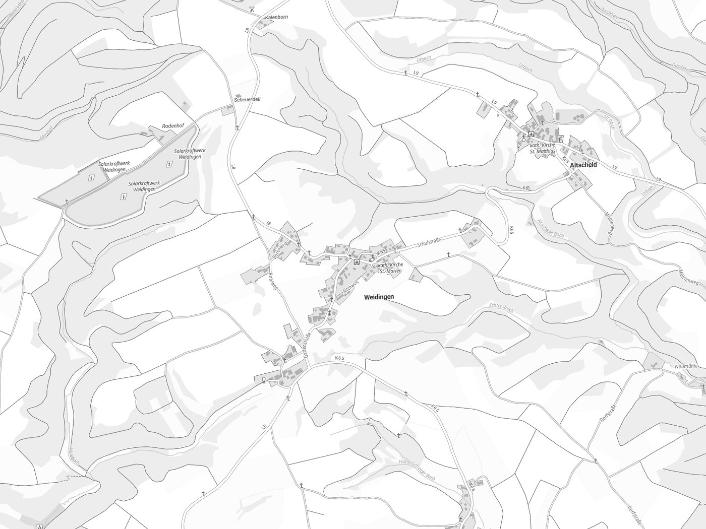 Kartenausschnitt Weidingen mit Gewässern