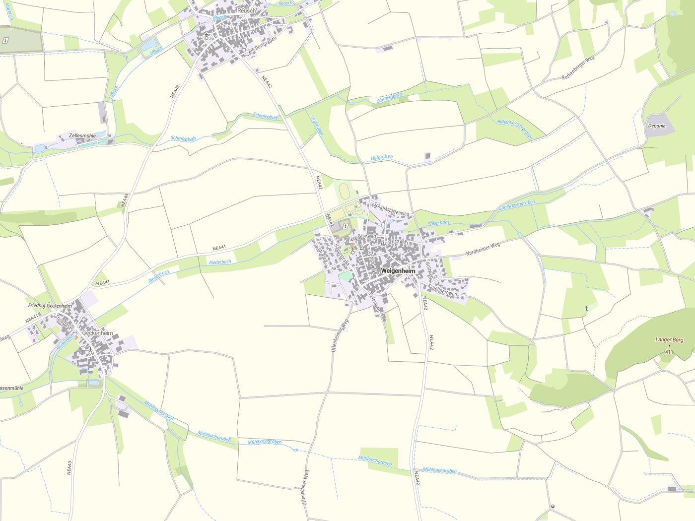 Kartenausschnitt Weigenheim mit Gewässern