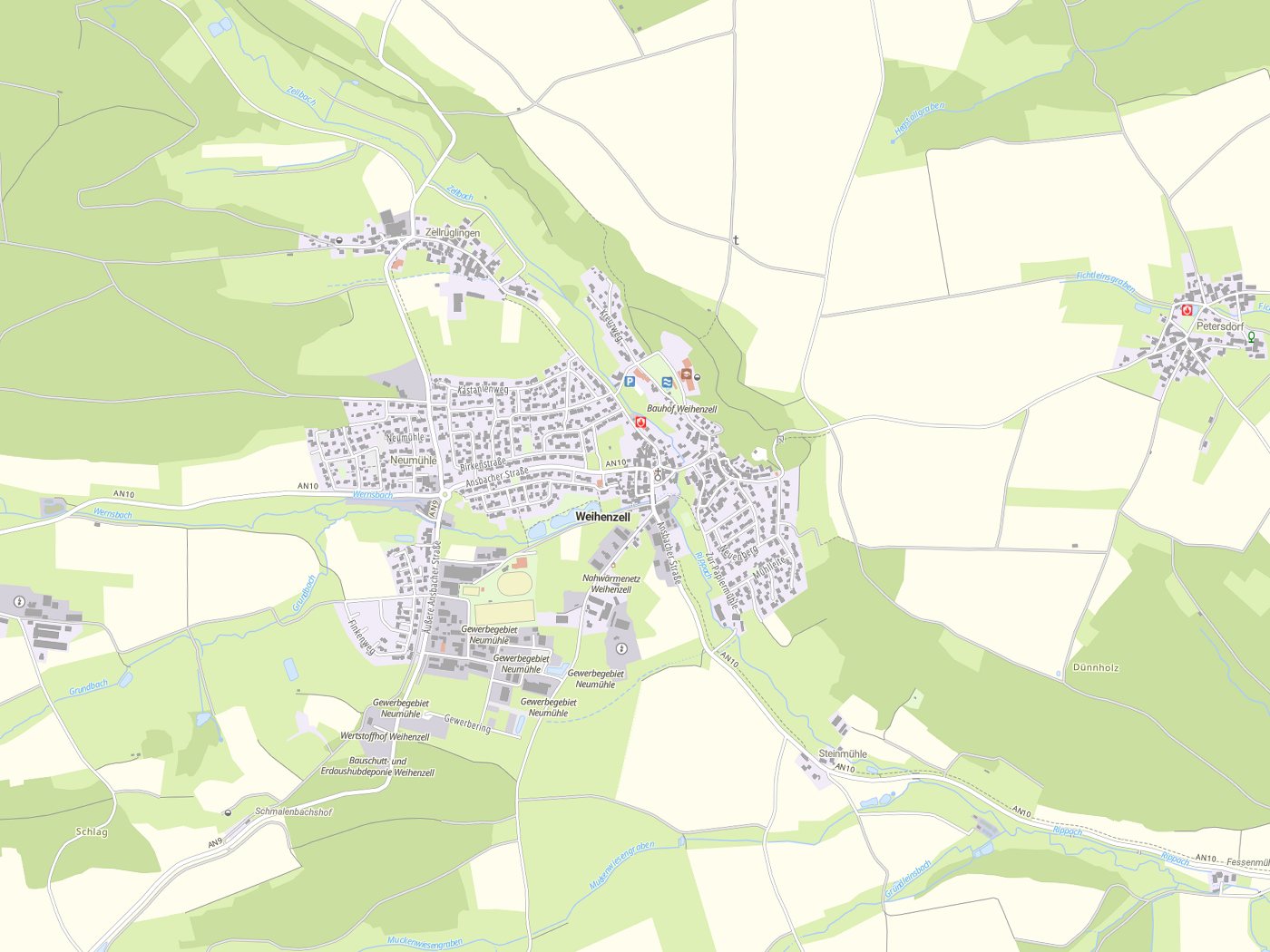 Kartenausschnitt Weihenzell mit Gewässern