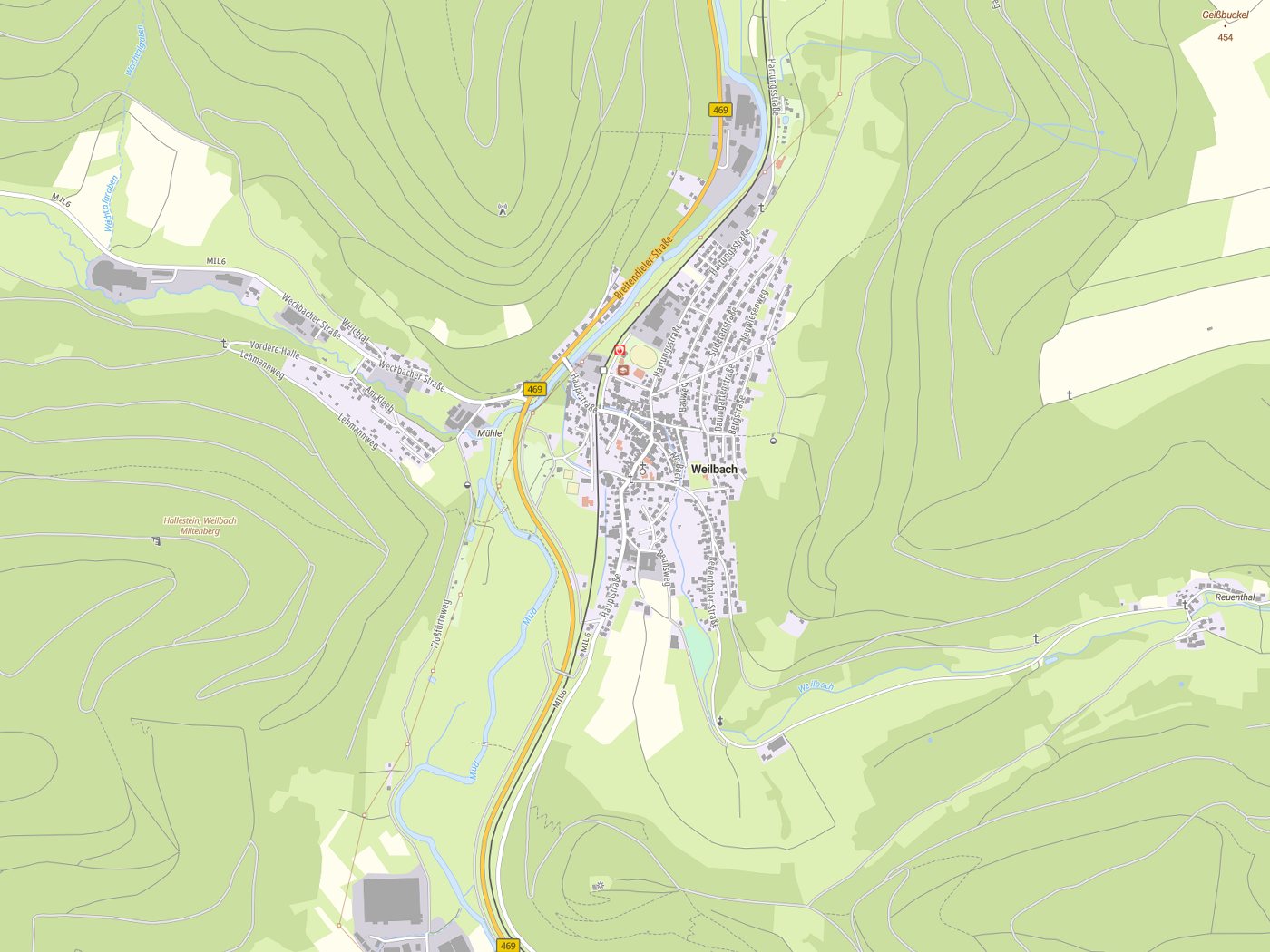 Kartenausschnitt Weilbach mit Gewässern