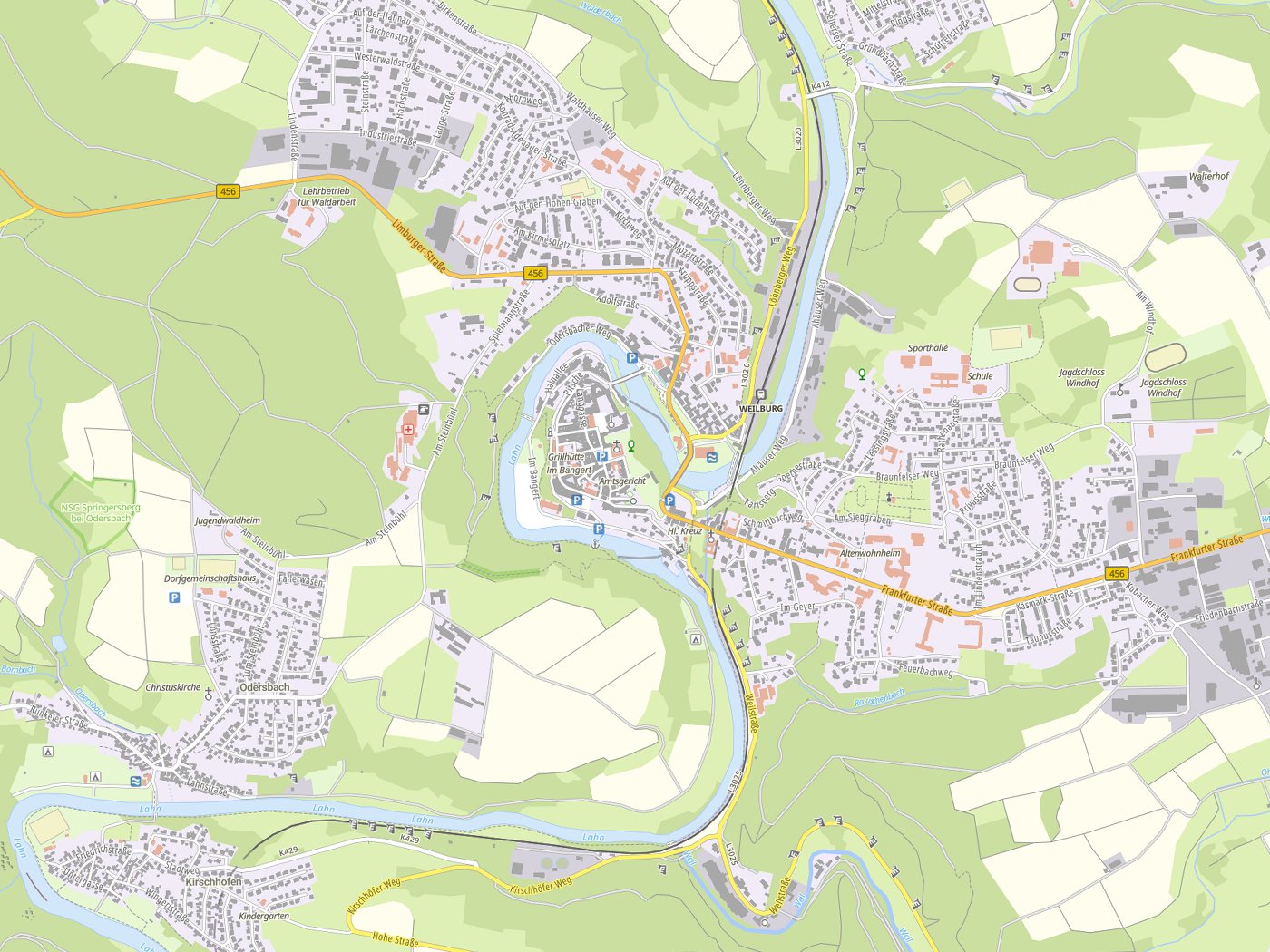Kartenausschnitt Weilburg mit Gewässern