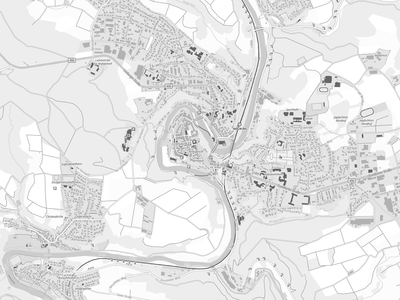Kartenausschnitt Weilburg mit Gewässern