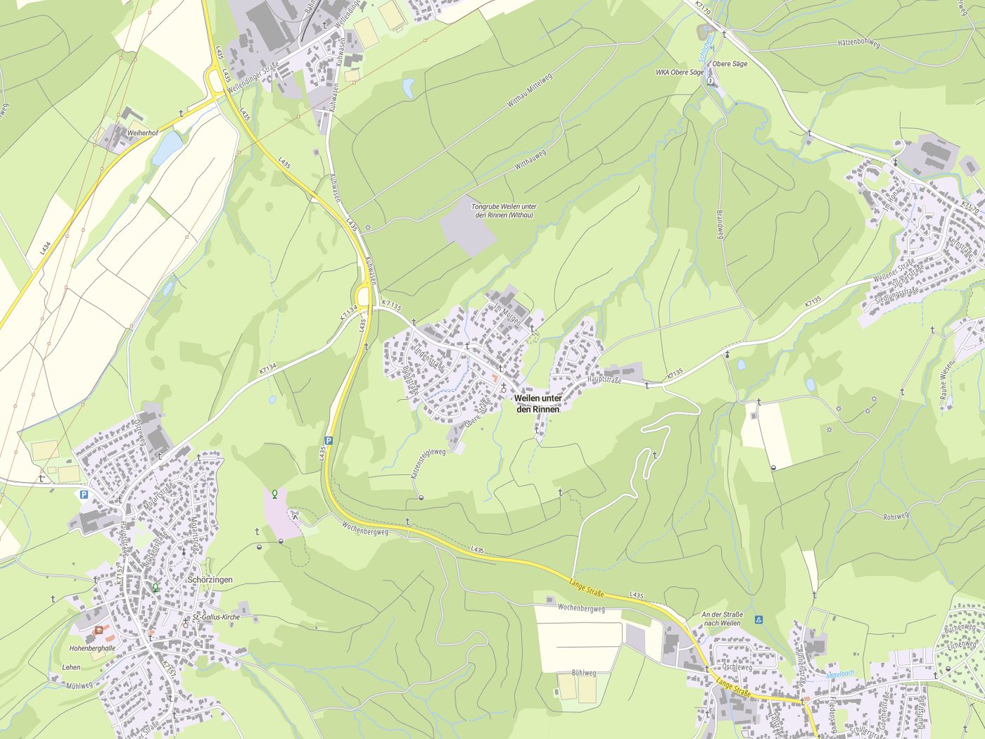 Kartenausschnitt Weilen unter den Rinnen mit Gewässern