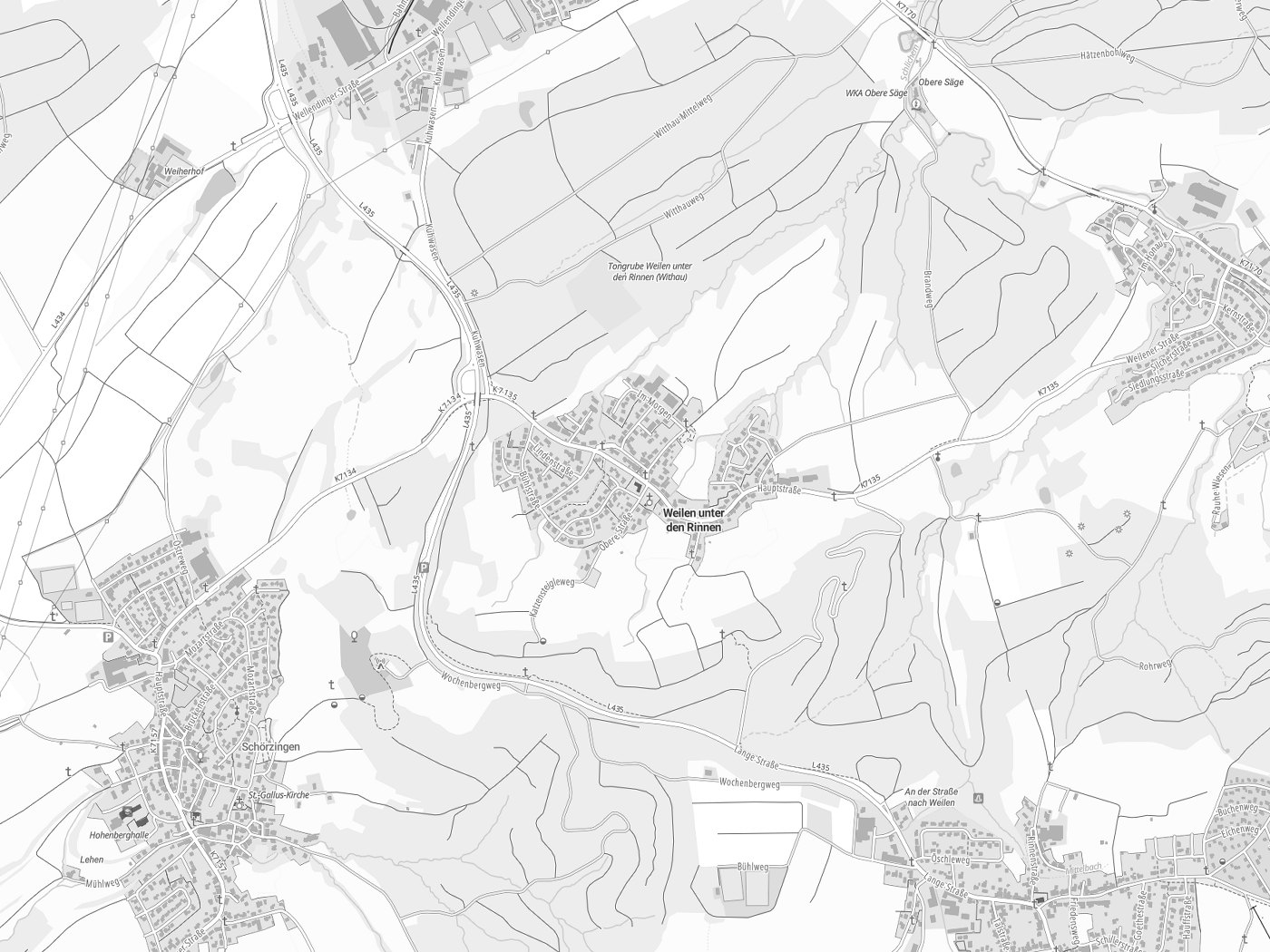 Kartenausschnitt Weilen unter den Rinnen mit Gewässern