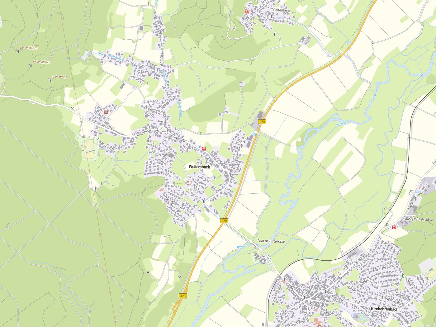 Kartenausschnitt Weilersbach mit Gewässern