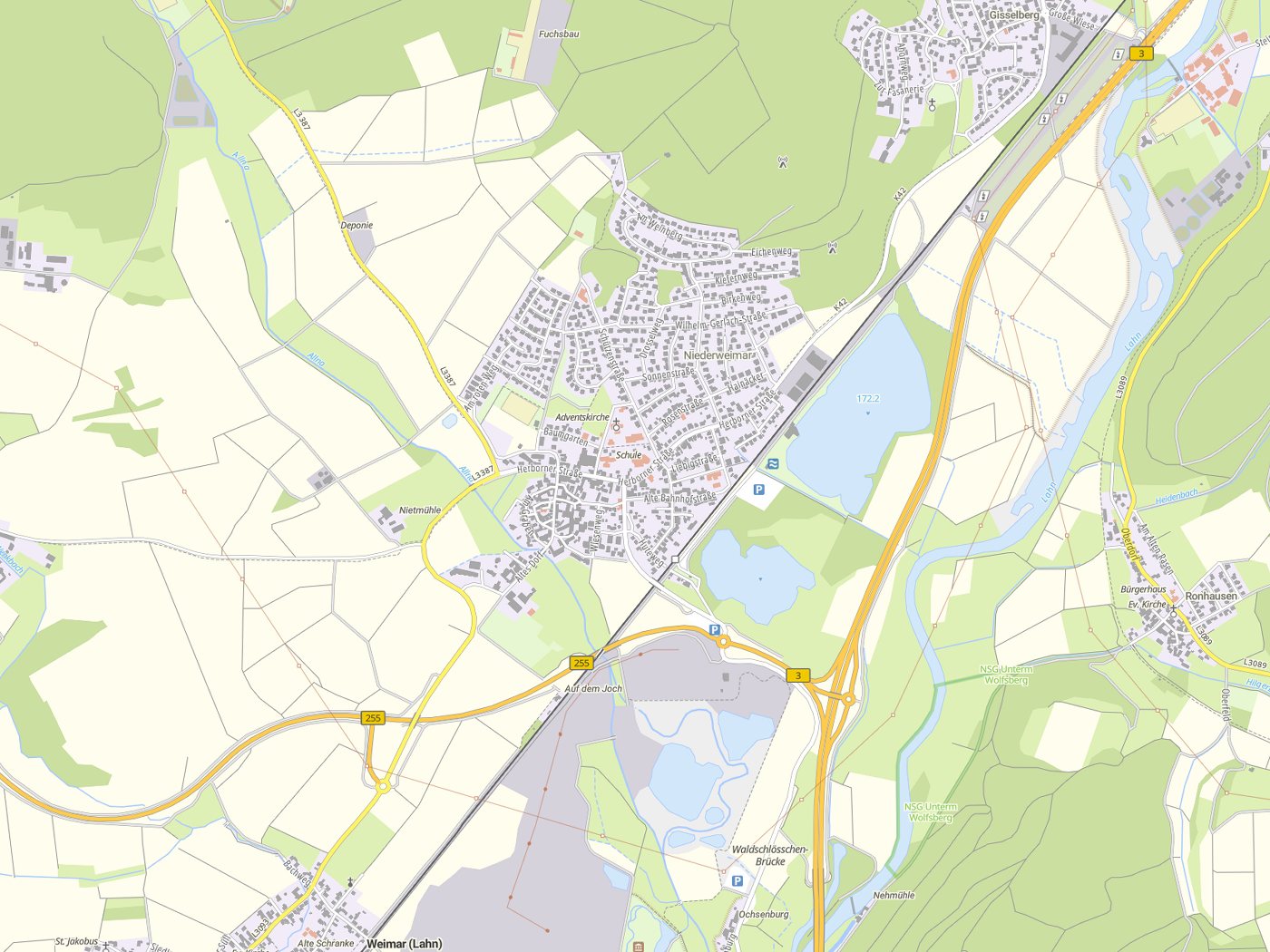 Kartenausschnitt Weimar (Lahn) mit Gewässern