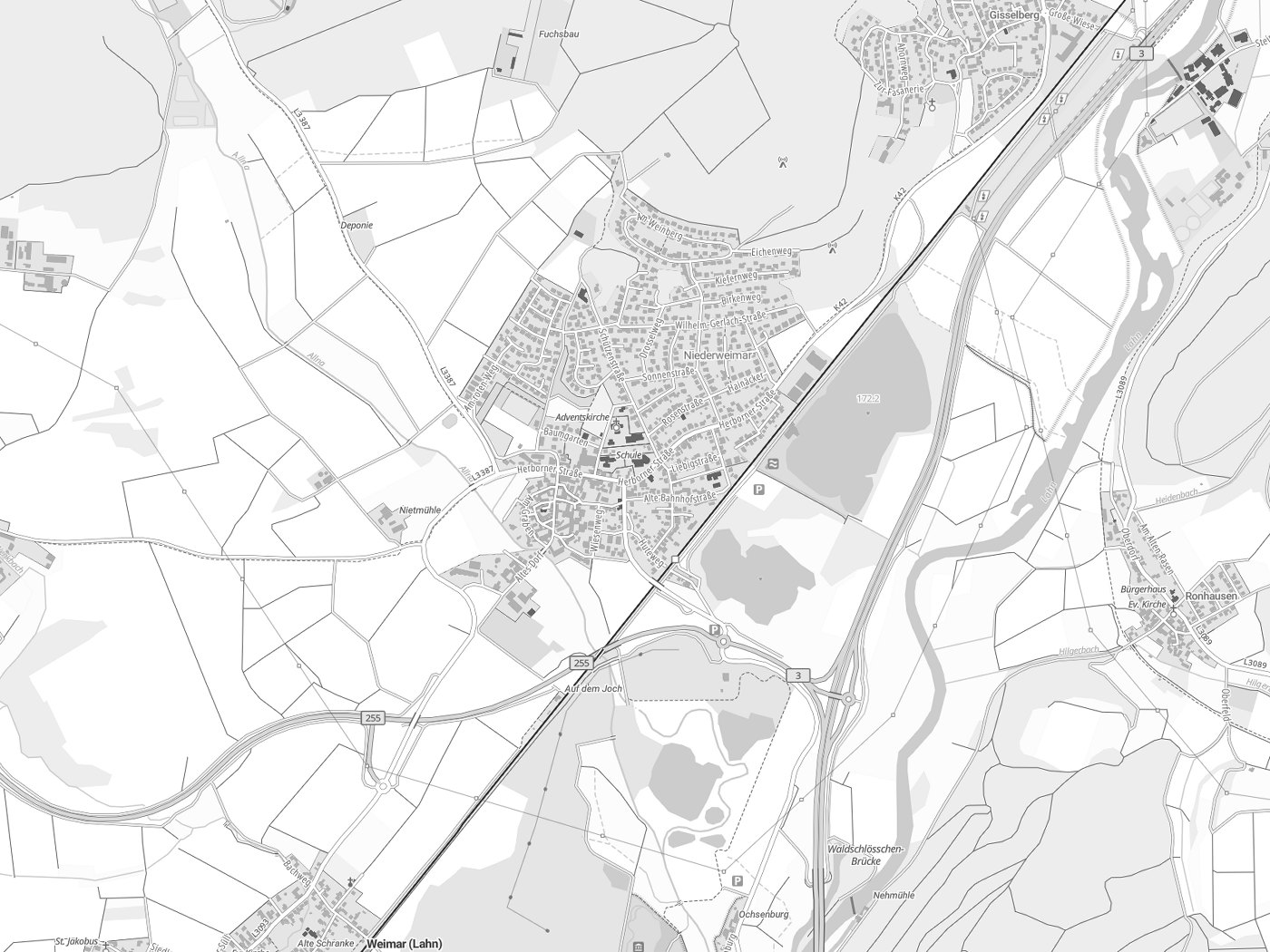 Kartenausschnitt Weimar (Lahn) mit Gewässern