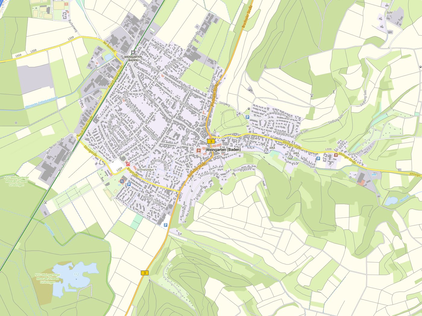 Kartenausschnitt Weingarten (Baden) mit Gewässern