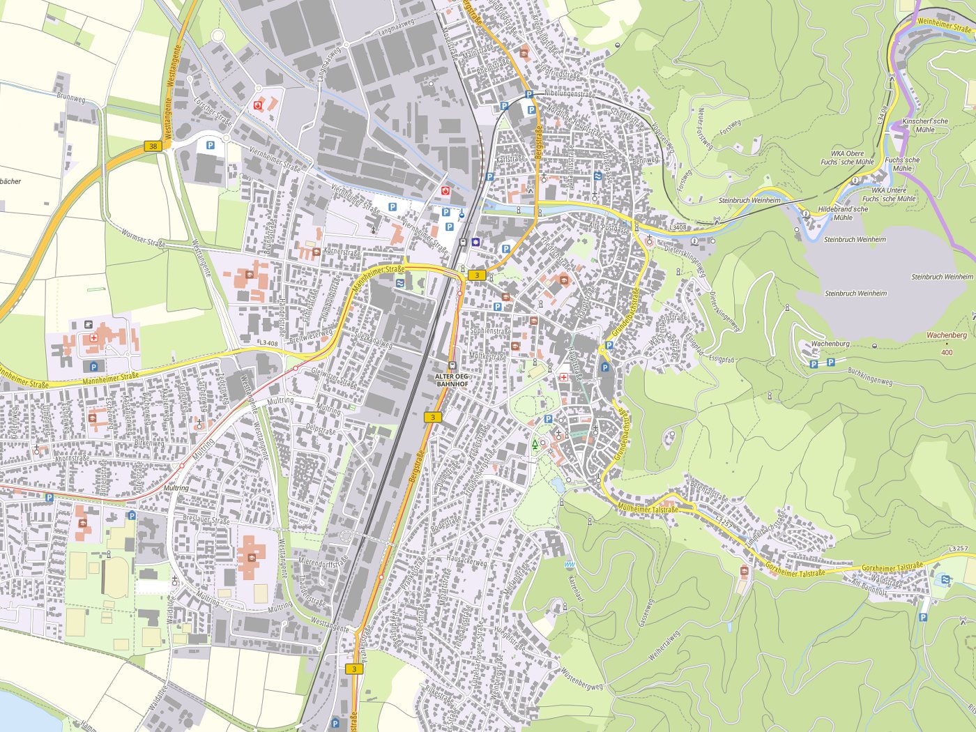 Kartenausschnitt Weinheim mit Gewässern
