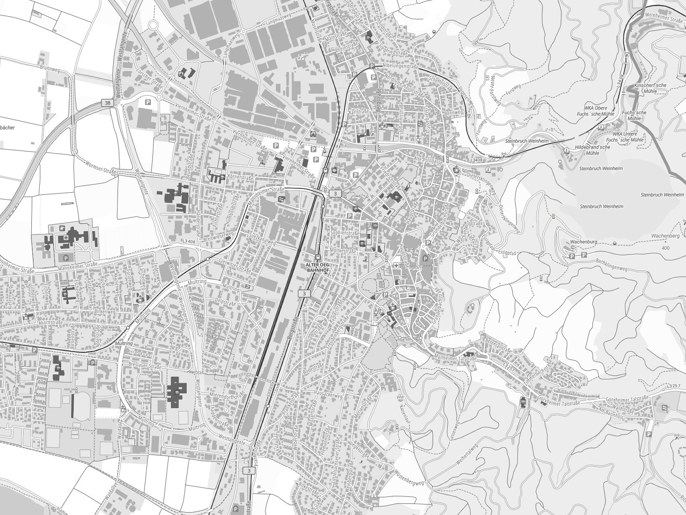 Kartenausschnitt Weinheim mit Gewässern