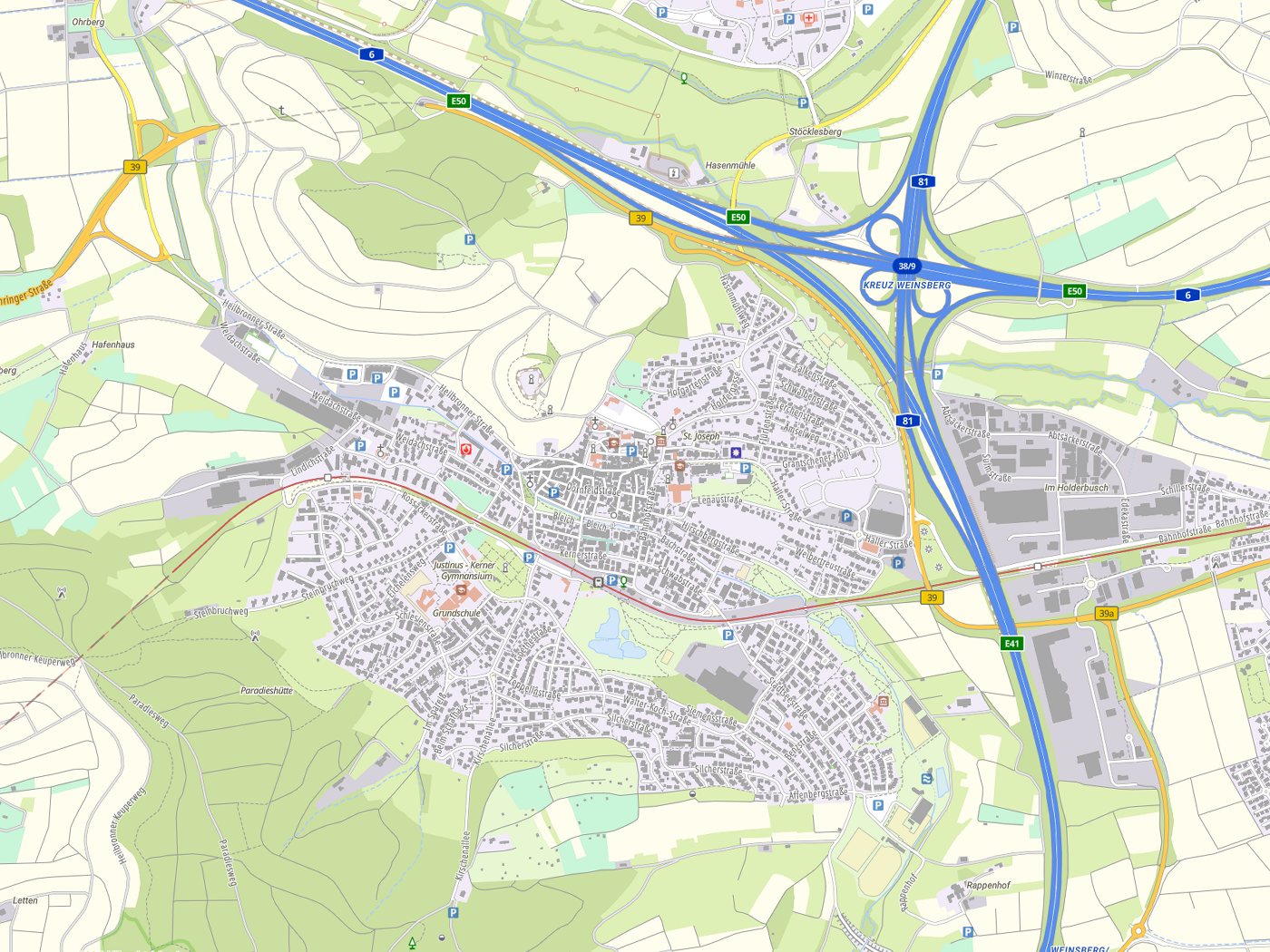 Kartenausschnitt Weinsberg mit Gewässern