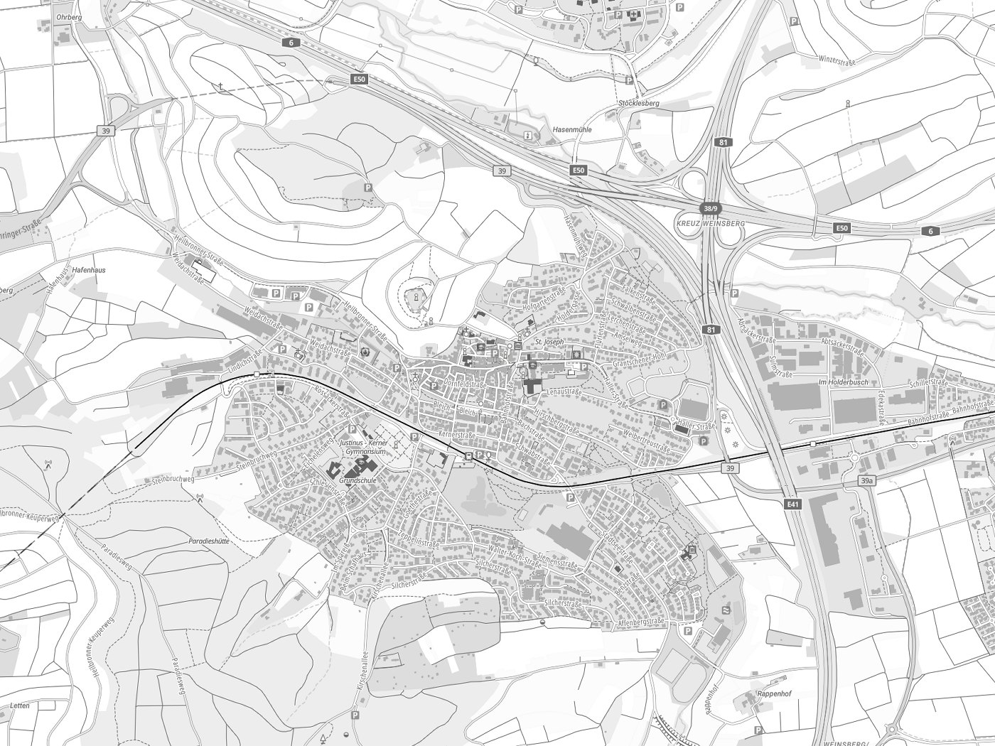Kartenausschnitt Weinsberg mit Gewässern