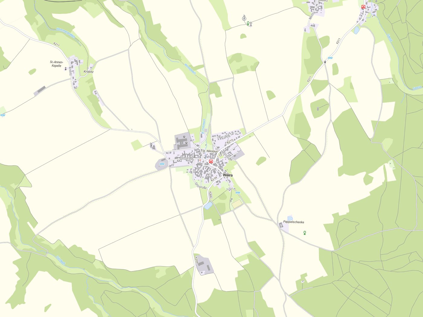 Kartenausschnitt Weira mit Gewässern