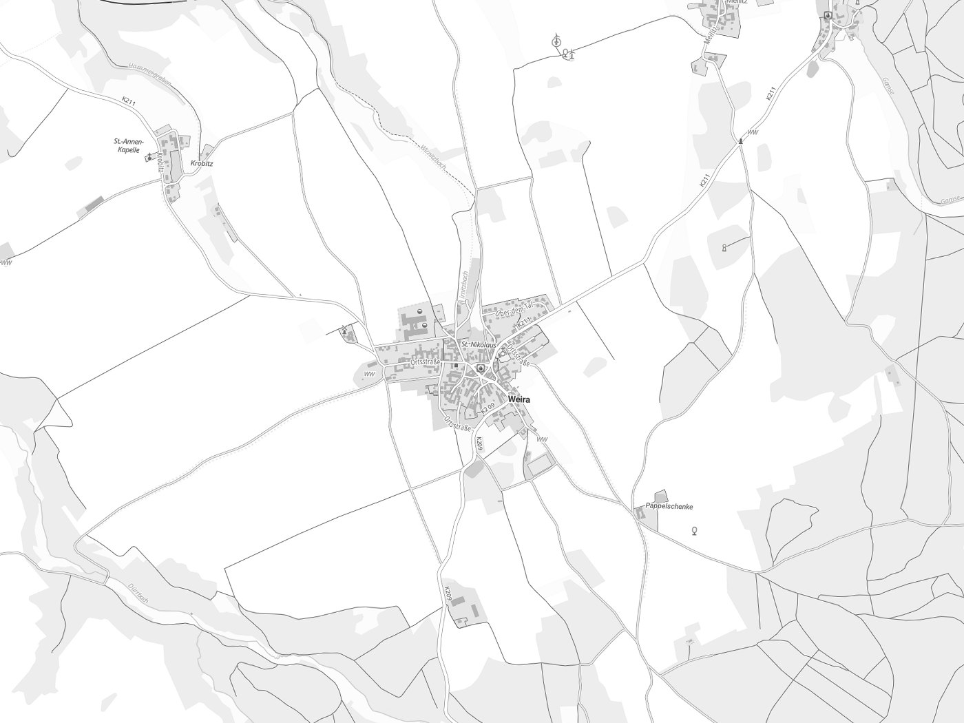 Kartenausschnitt Weira mit Gewässern