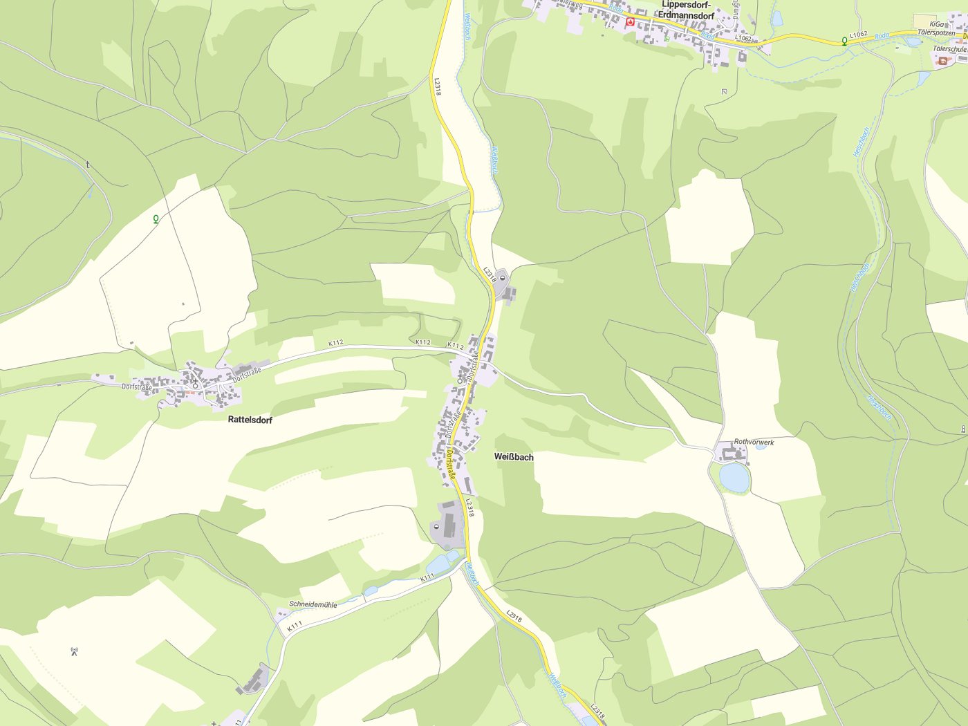 Kartenausschnitt Weißbach mit Gewässern