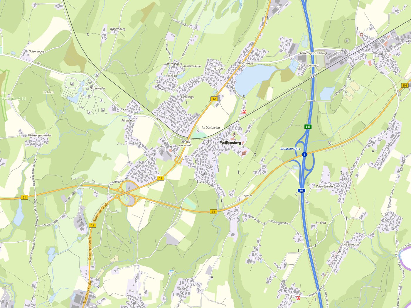 Kartenausschnitt Weißensberg mit Gewässern