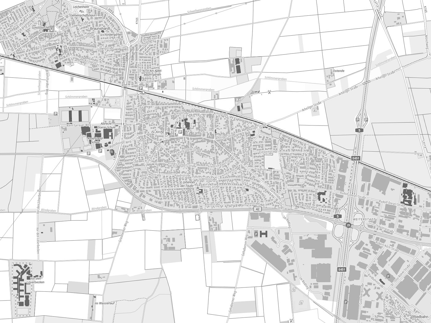 Kartenausschnitt Weiterstadt mit Gewässern