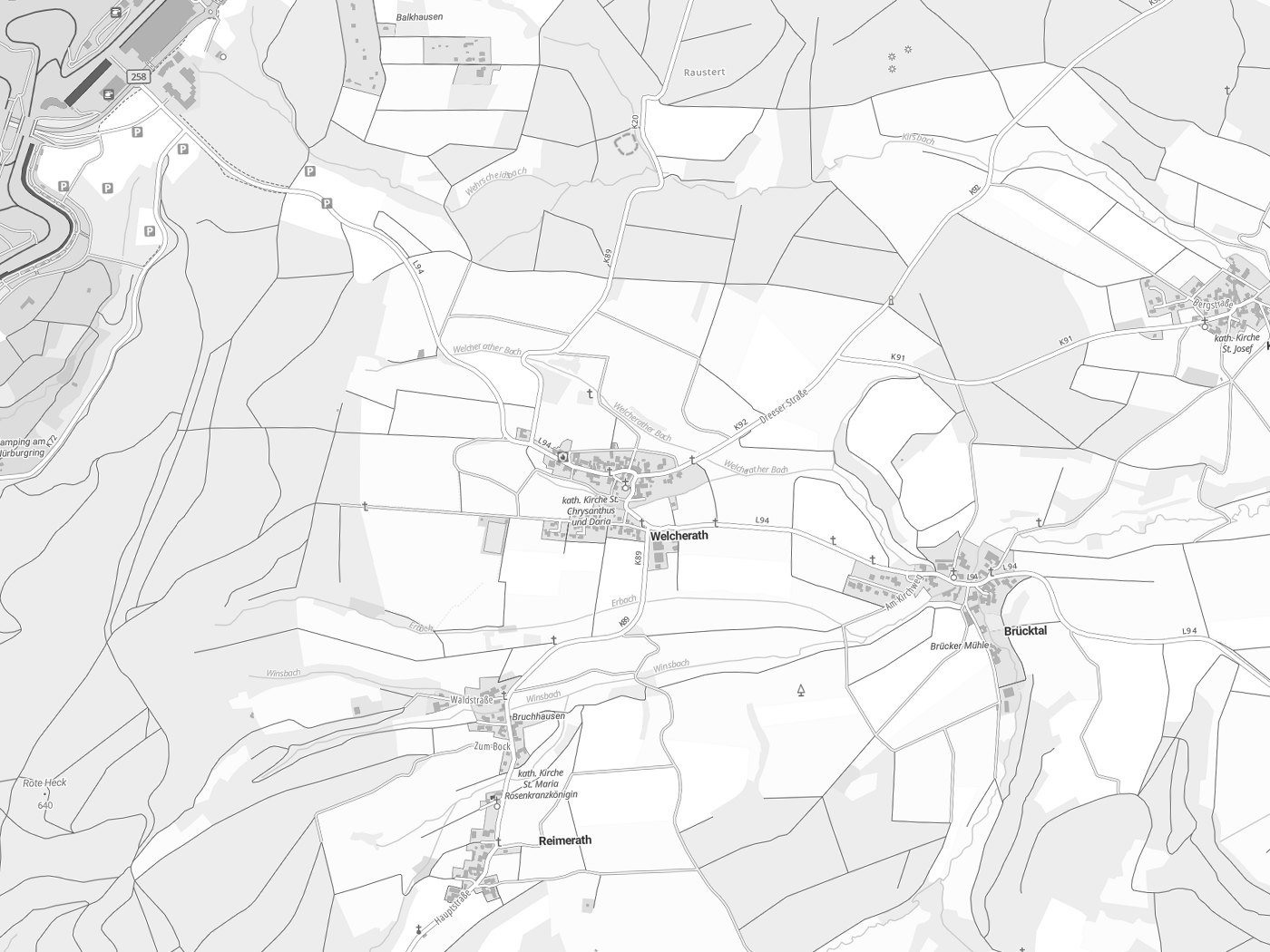 Kartenausschnitt Welcherath mit Gewässern