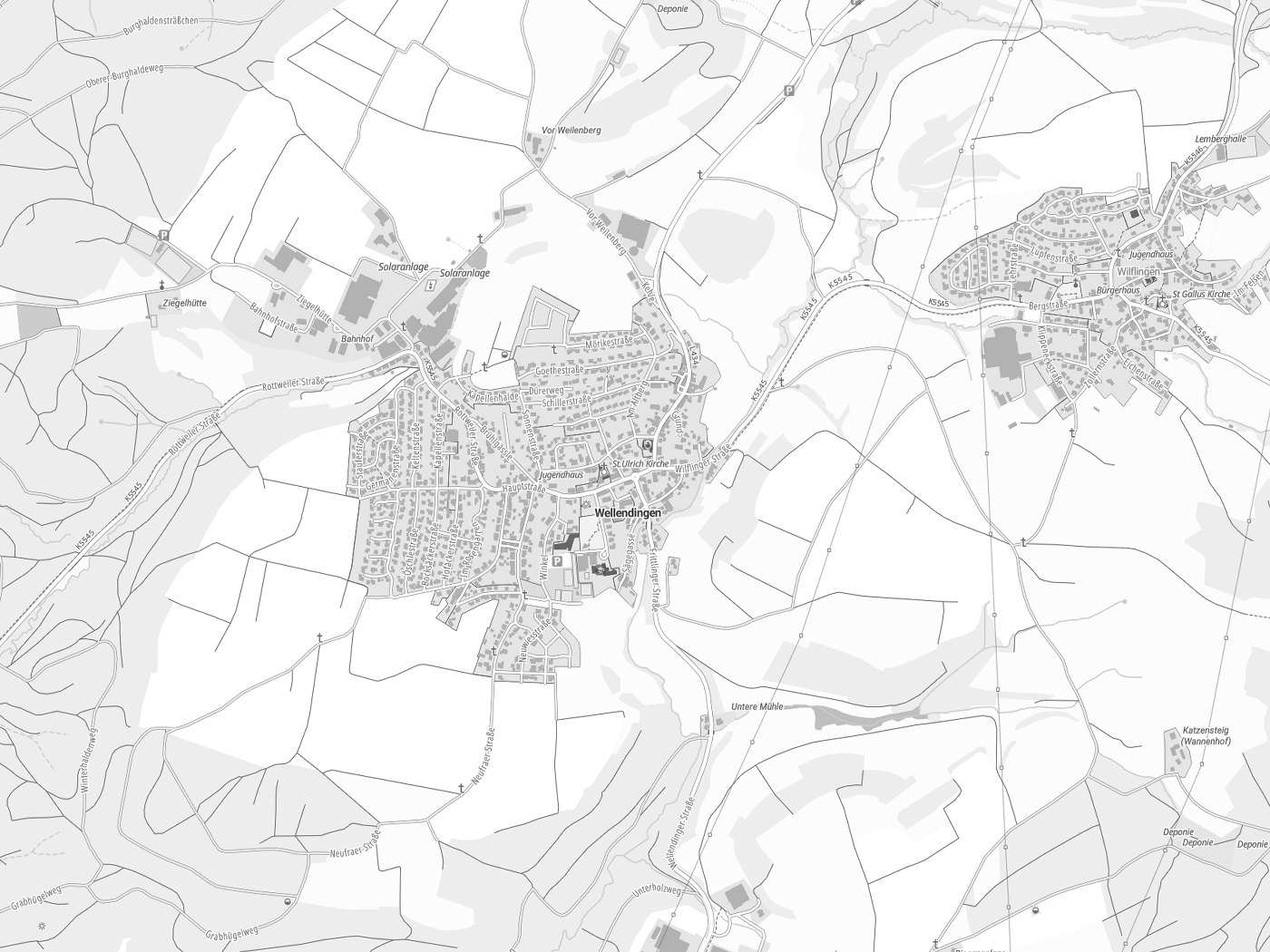 Kartenausschnitt Wellendingen mit Gewässern